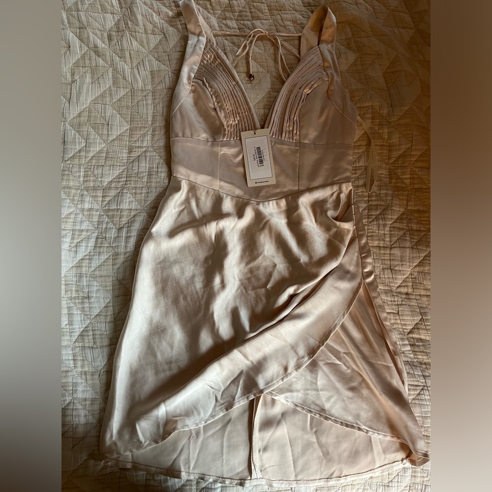 Satin Asymmetrical Cream Dress with Pleated Details and Open Back